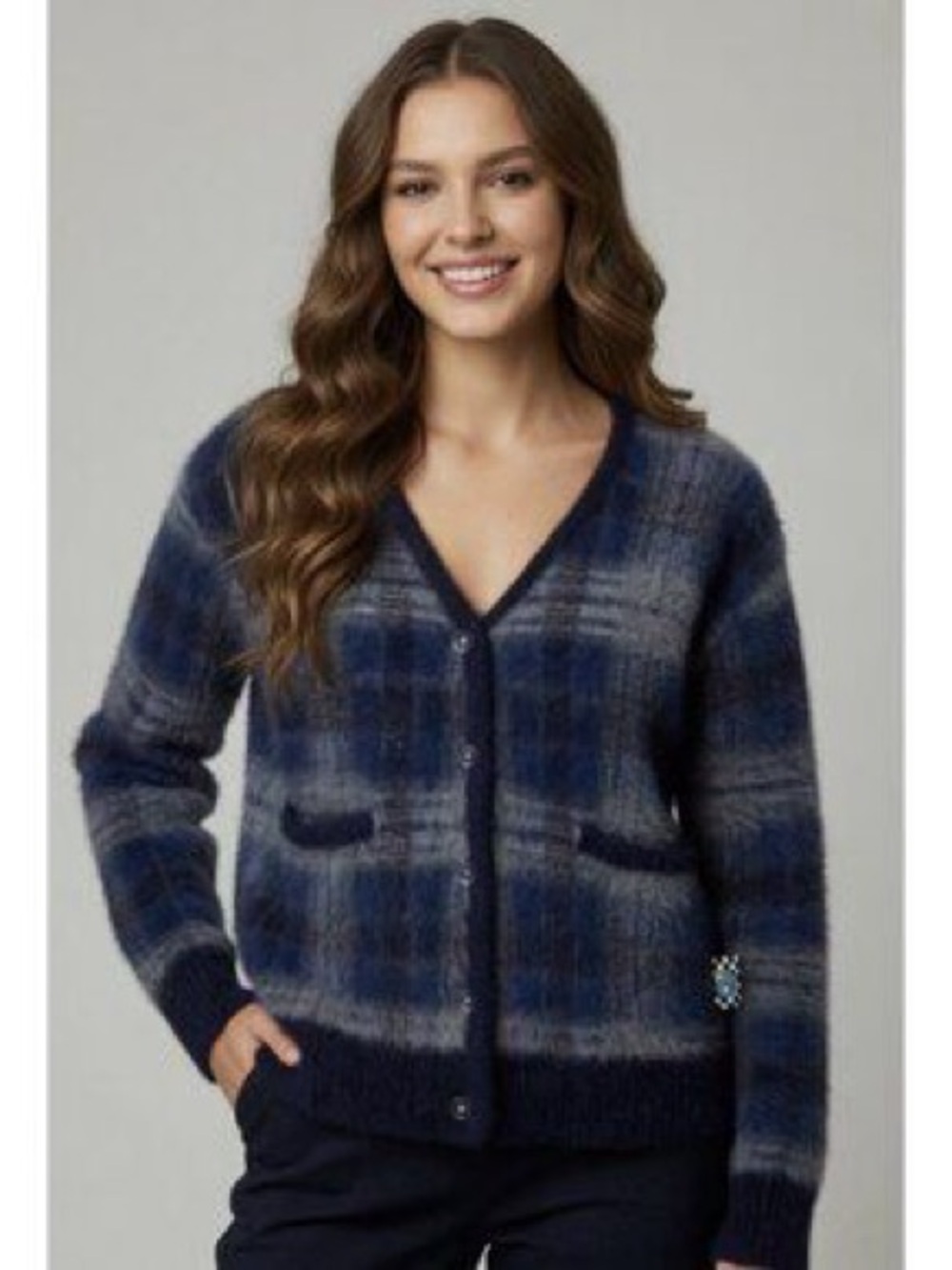 UNIF Ty Blue Plaid Fuzzy Cardigan Sweater Medium Like New